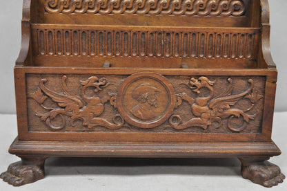 Antique Italian Renaissance Figural Carved Walnut Paw Foot Desk Letterbox