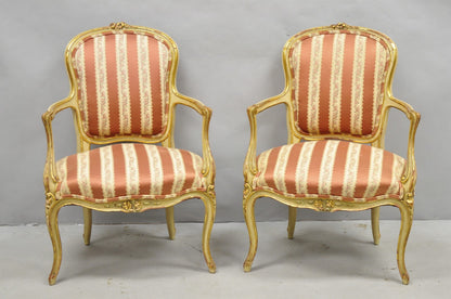 Antique French Louis XV Style Gold Giltwood Pink Stripe Fauteuil Arm Chair, Pair
