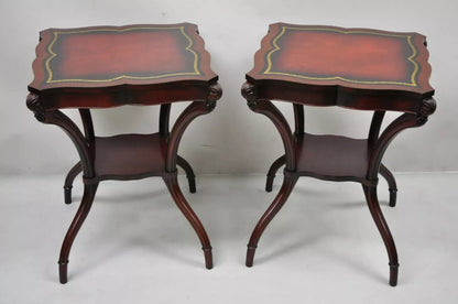 Vintage French Regency Style Red Leather Top Mahogany Lamp End Tables - a Pair