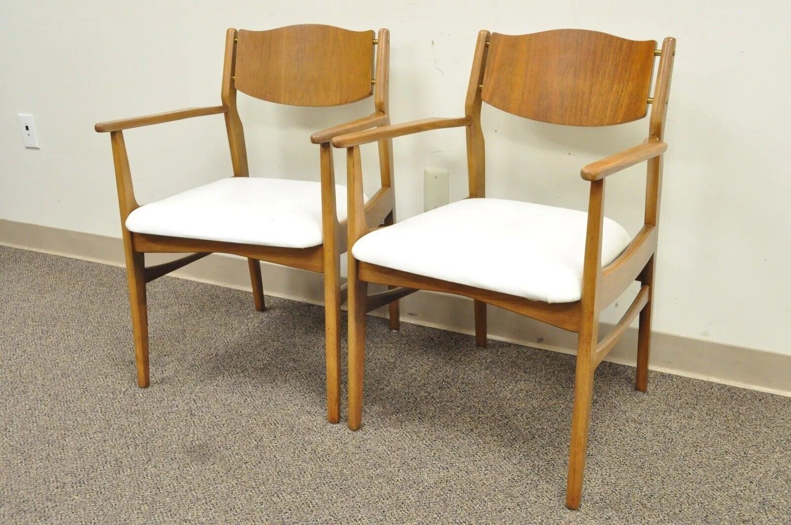 Young Mfg Mid Century Danish Modern Walnut Teak Curved Dining Arm Chairs - Pair