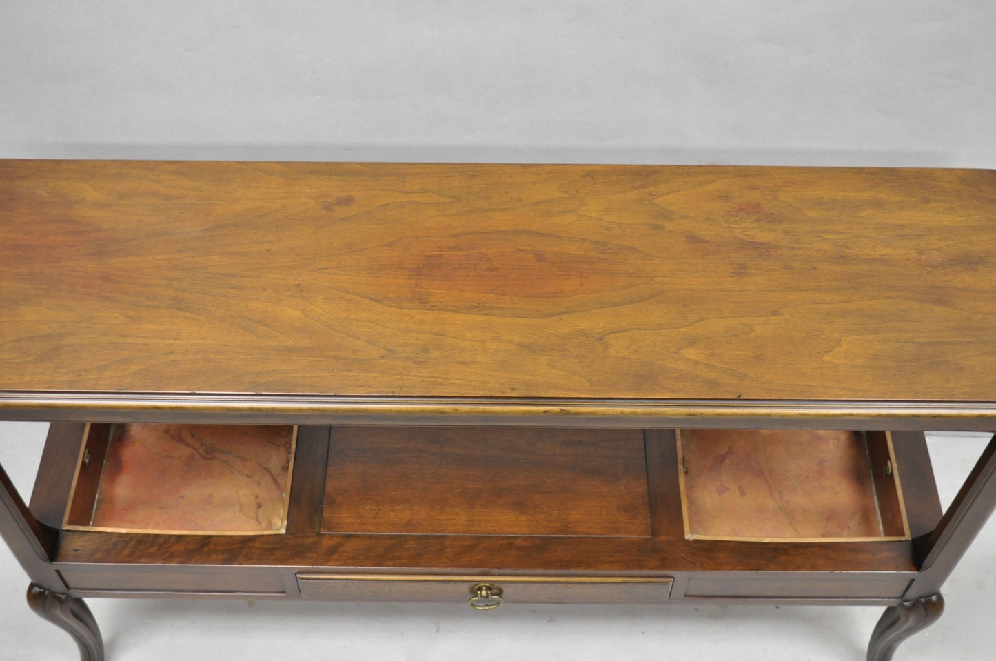 Vintage Baker Dark Cherry Wood Narrow French Console Hall Table w Copper Inserts