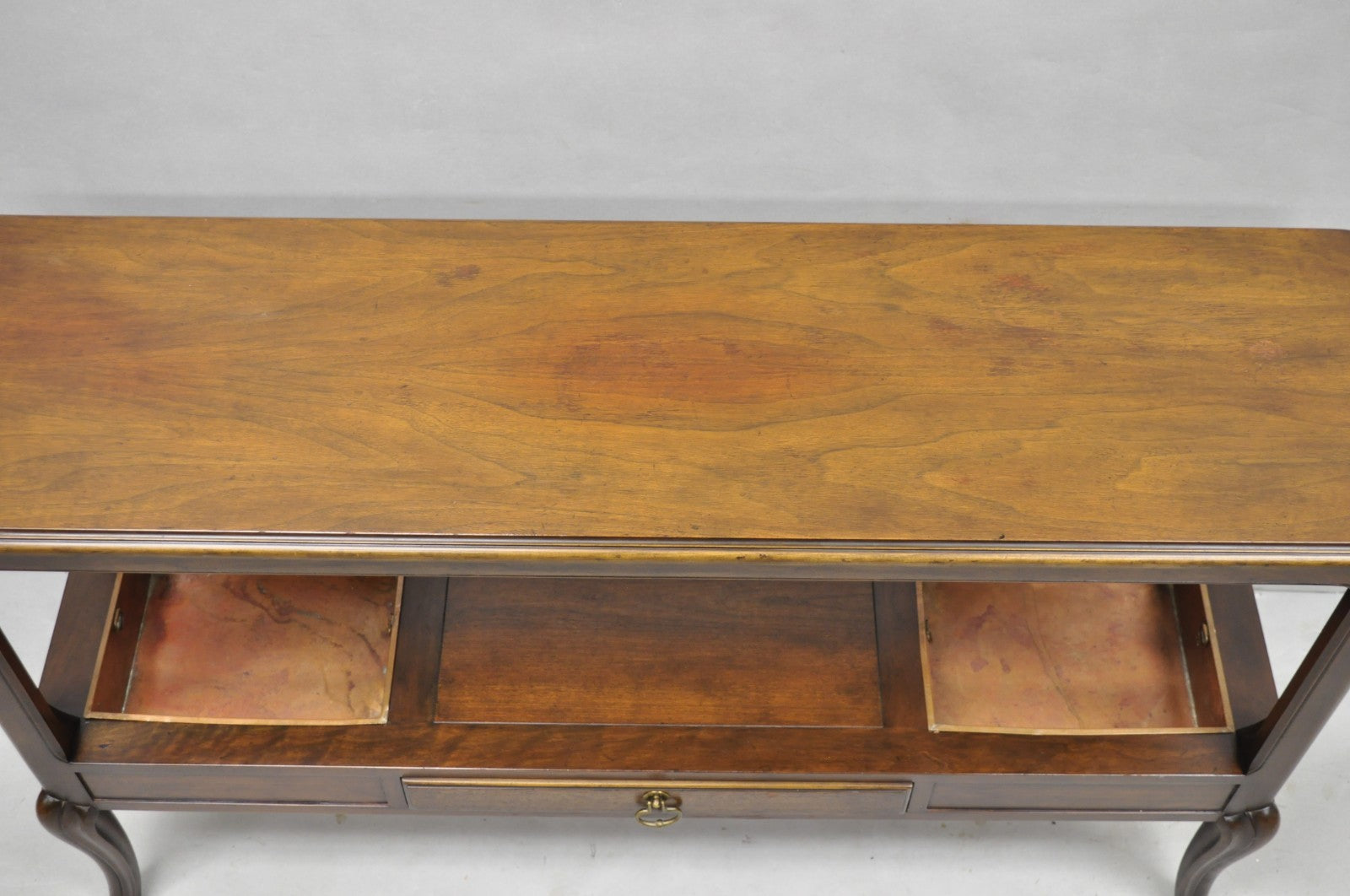 Vintage Baker Dark Cherry Wood Narrow French Console Hall Table w Copper Inserts