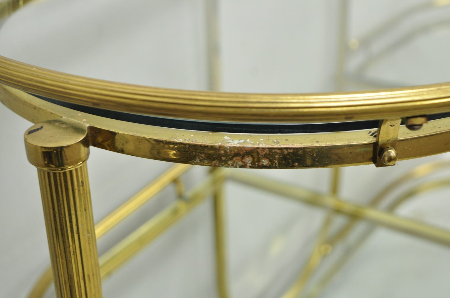 Vintage Mid Century Modern Brass 3 Tier Oval Frame Rolling Bar Cart Server Table