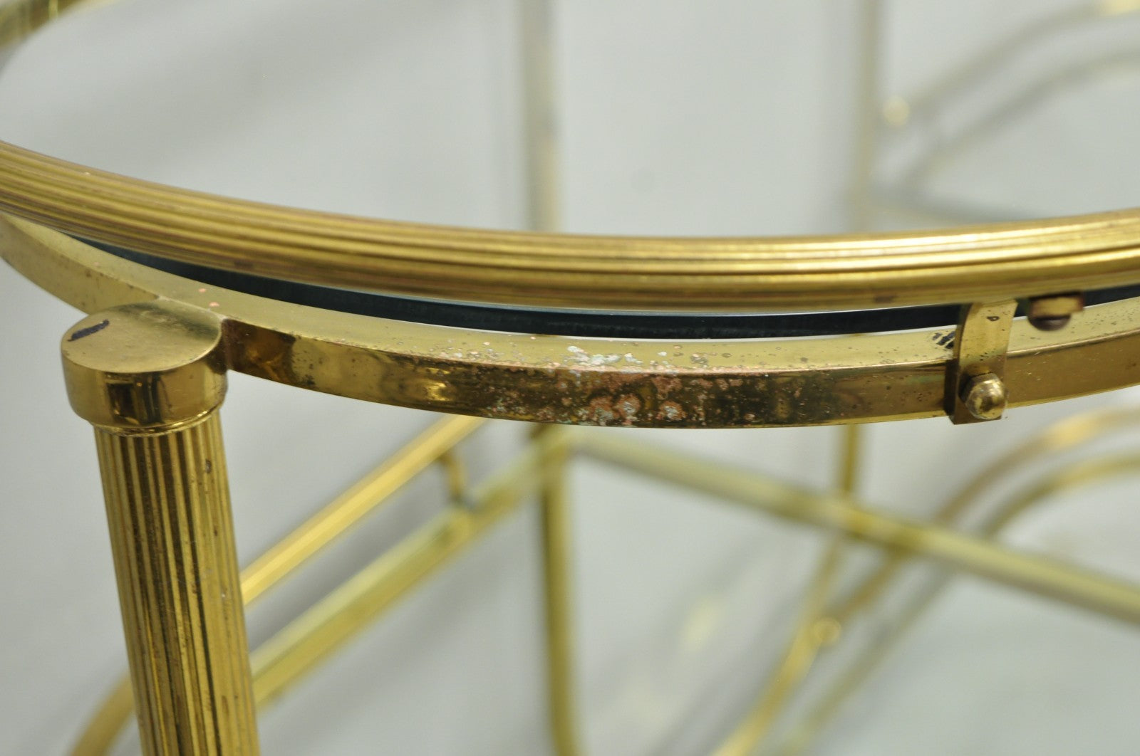 Vintage Mid Century Modern Brass 3 Tier Oval Frame Rolling Bar Cart Server Table