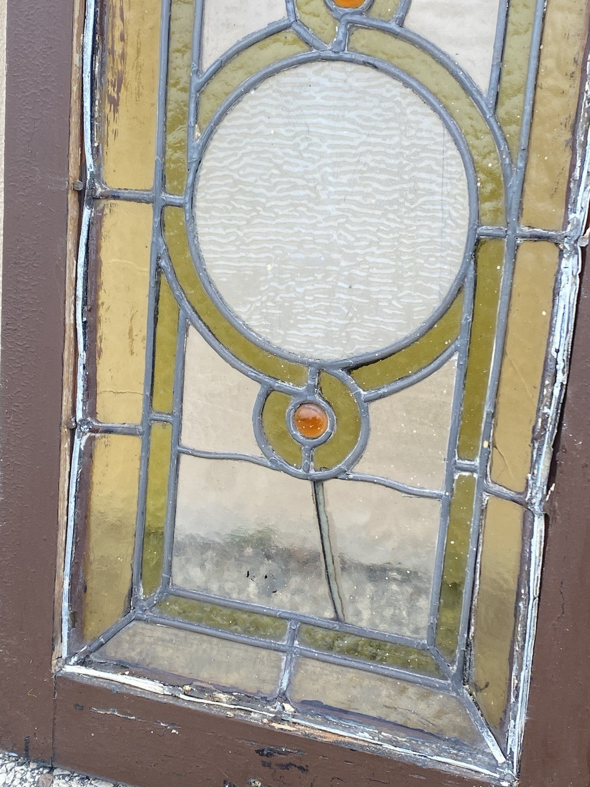 Antique Victorian Green Stained Glass Window Orange Jewel in Wood Frame Set of 3