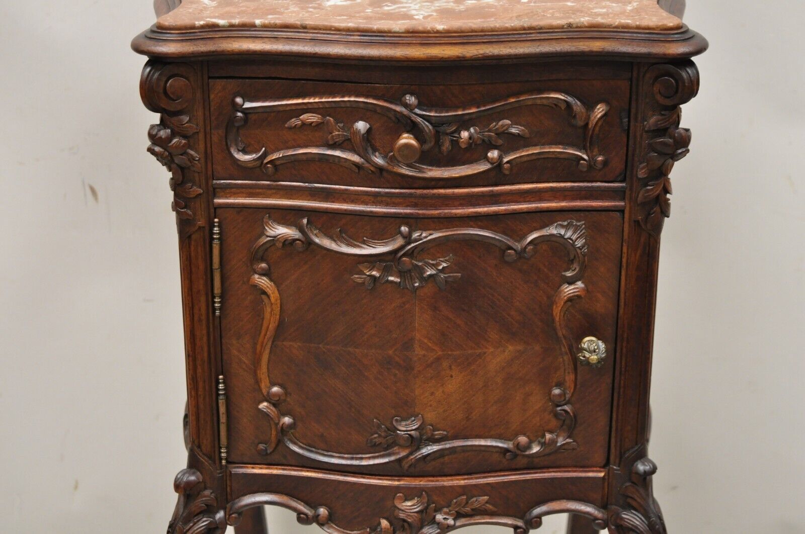 French Louis XV Style Carved Walnut Marble Top Porcelain Lined Nightstand