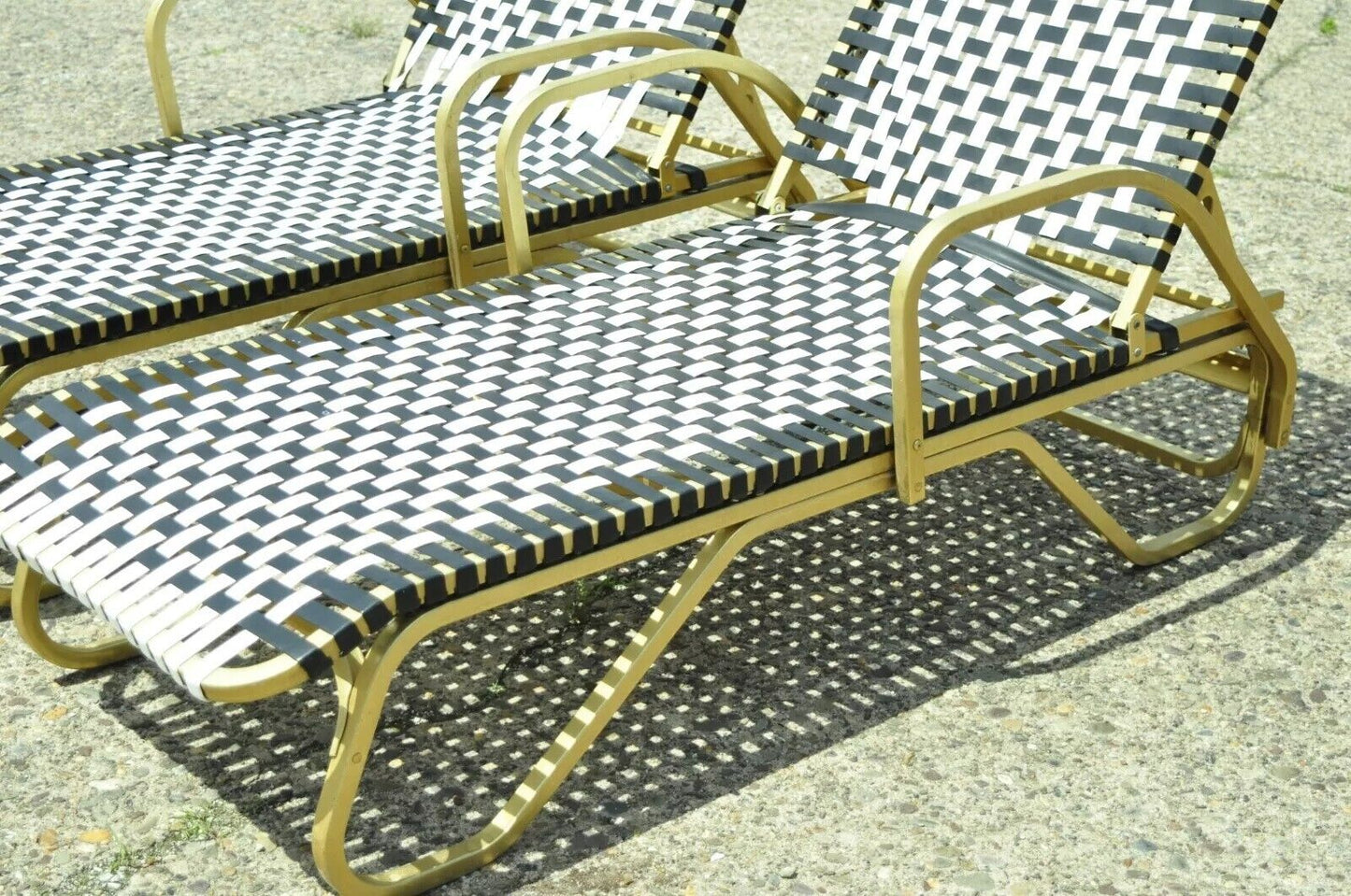 Hollywood Regency Vinyl Strap Aluminum Pool Patio Chaise Lounge Chairs - a Pair