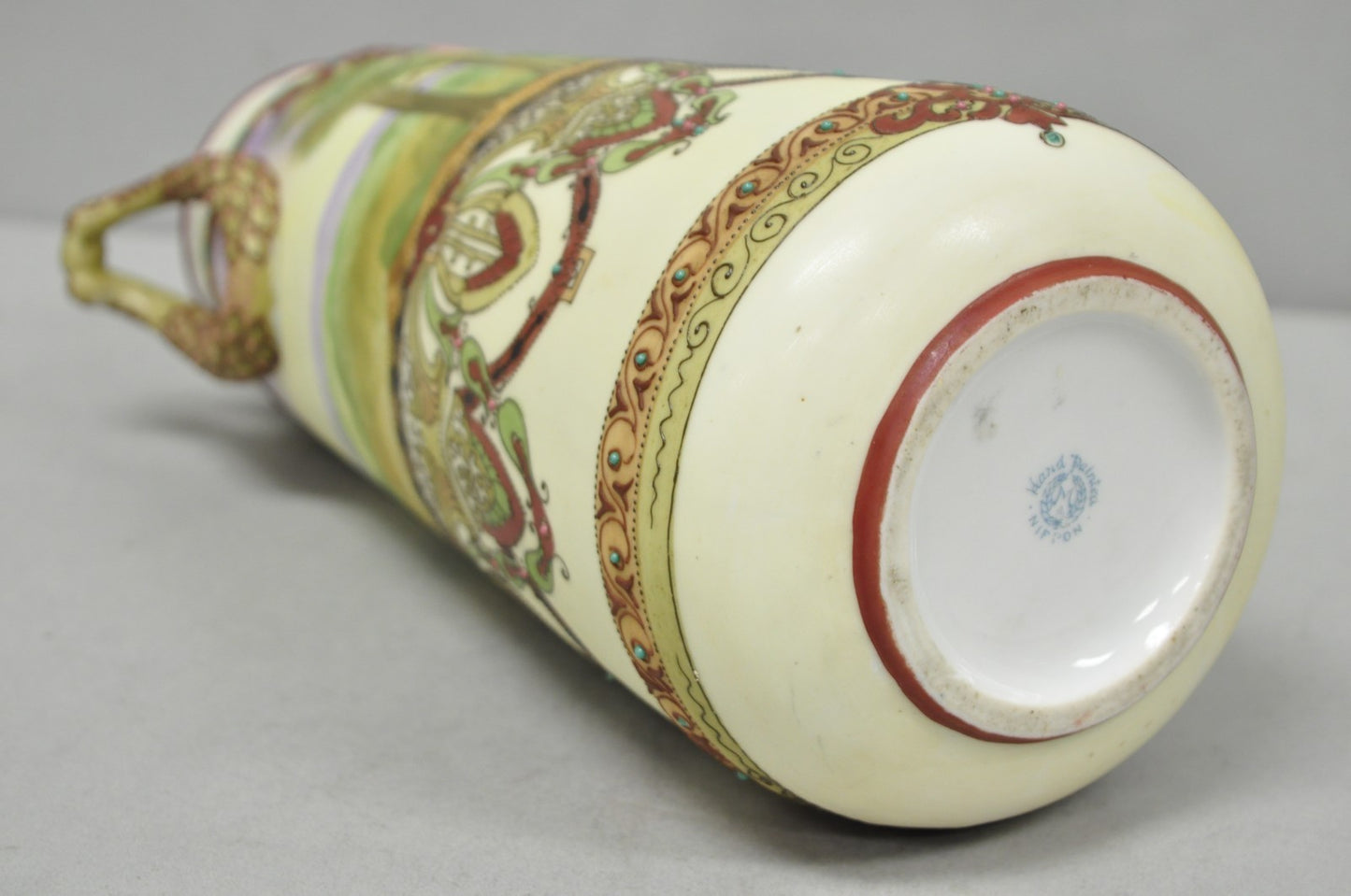 Antique Nippon Hand Painted Porcelain Countryside Moriage Tall Twin Handle Vase