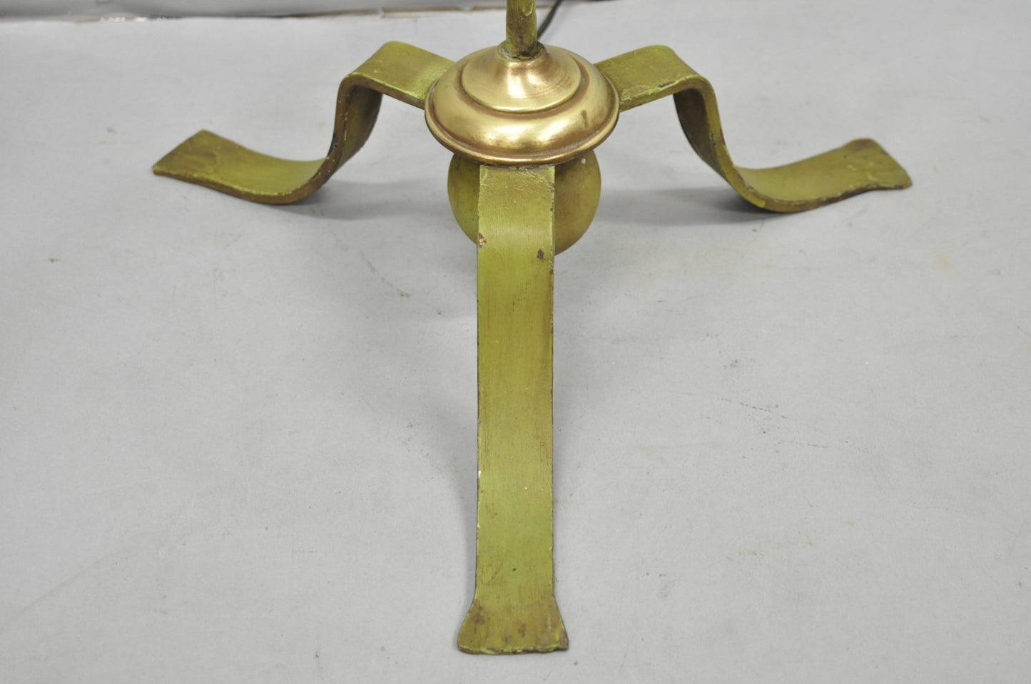 Antique Spanish Renaissance Gothic Green Iron & Brass Tripod Pole Floor Lamp