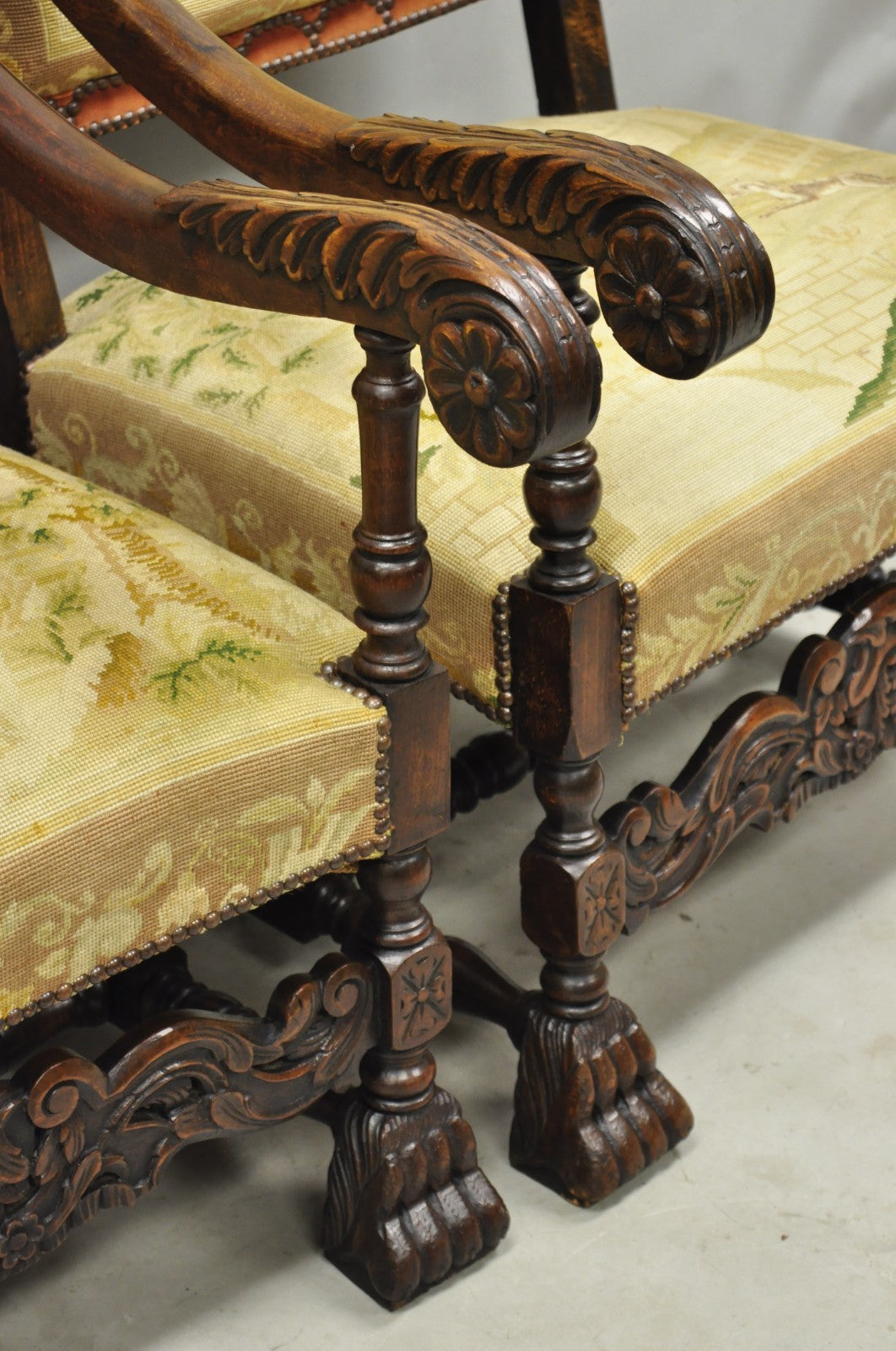 Antique French Louis XIV Style Needlepoint Tapestry Carved Walnut Arm Chair Pair