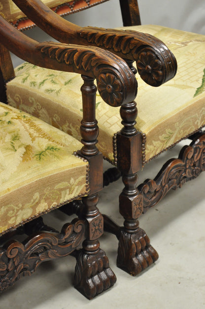 Antique French Louis XIV Style Needlepoint Tapestry Carved Walnut Arm Chair Pair