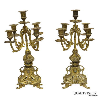 Vintage French Rococo Louis XV Style Small Ornate Brass Candelabra - a Pair