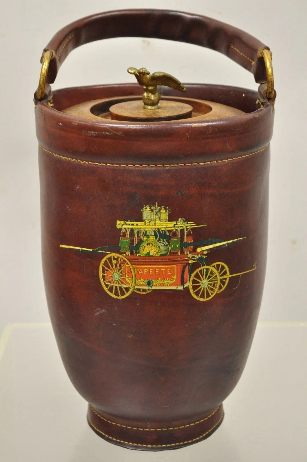 Vintage Loyal Papeete Firetruck Brown Leather Brass Eagle Handle Bar Ice Bucket