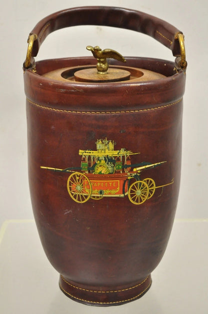 Vintage Loyal Papeete Firetruck Brown Leather Brass Eagle Handle Bar Ice Bucket