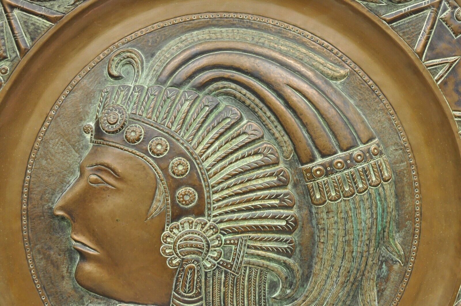 Vtg Copper Relief Figural Mexican Aztec Warrior Large Wall Plaque Charger Tray