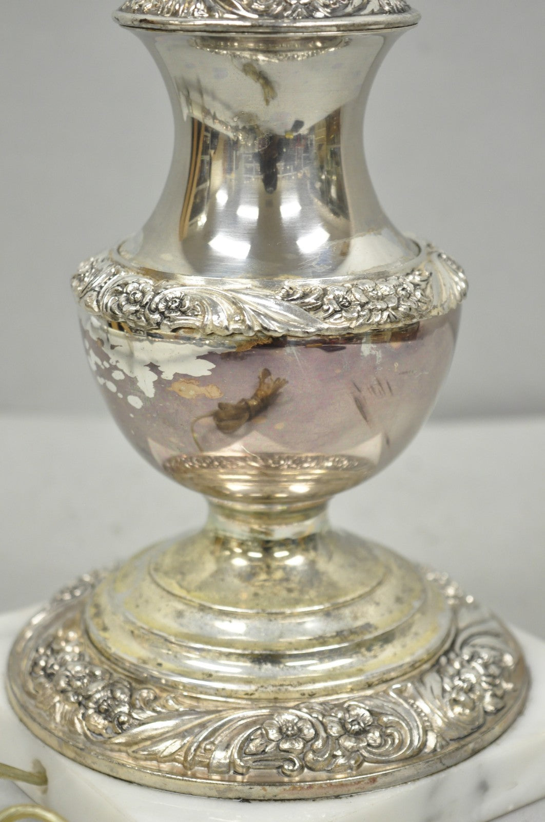 International Victorian Silver Plate Floral Repousse Candlestick Table Lamp Pair