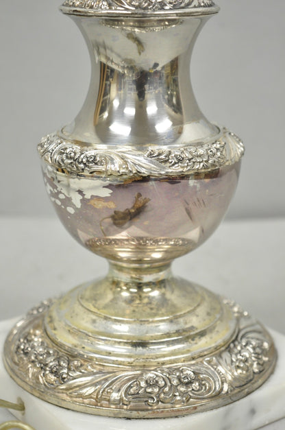 International Victorian Silver Plate Floral Repousse Candlestick Table Lamp Pair