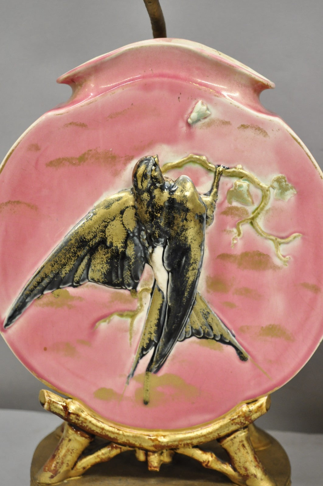Antique Chinoiserie Pink Porcelain Round Vase Table Lamps w/ Birds - a Pair