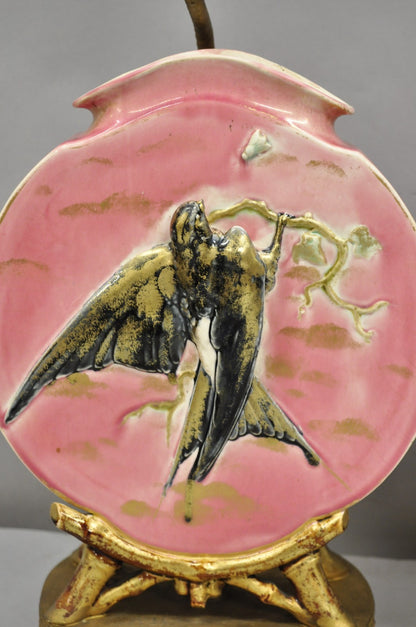 Antique Chinoiserie Pink Porcelain Round Vase Table Lamps w/ Birds - a Pair