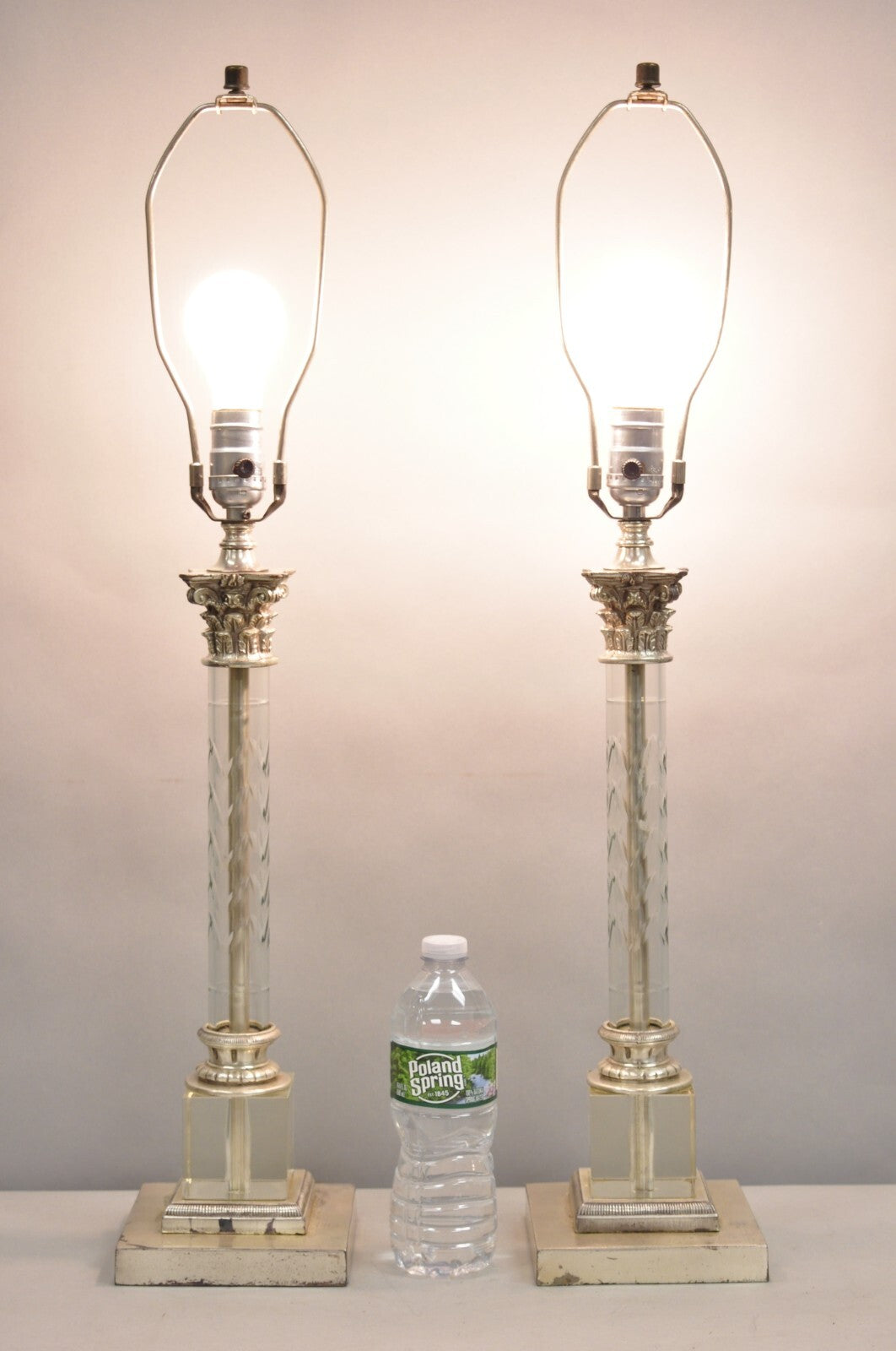 Antique French Empire Nickel Silver Glass Corinthian Column Table Lamps - a Pair