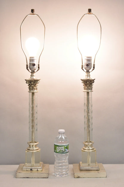 Antique French Empire Nickel Silver Glass Corinthian Column Table Lamps - a Pair