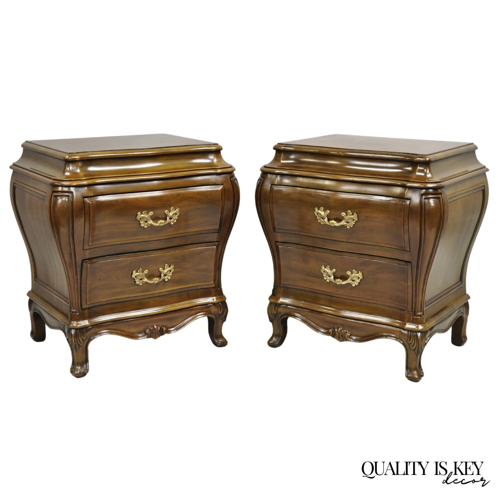 Karges French Louis XV Provincial Style Cherry Wood Bombe Nightstands - a Pair