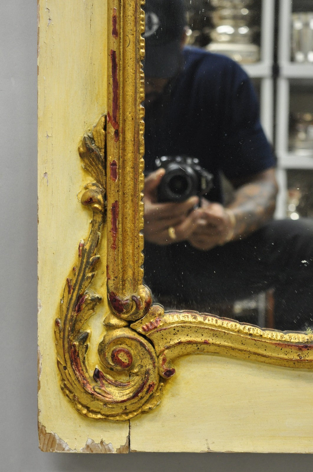 Antique French Louis XV Style Cream & Gold Gilt Drape Ribbon Trumeau Wall Mirror