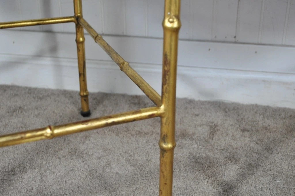 Vintage Italian Hollywood Regency Faux Bamboo Gold Mirror Low Side Tables - Pair
