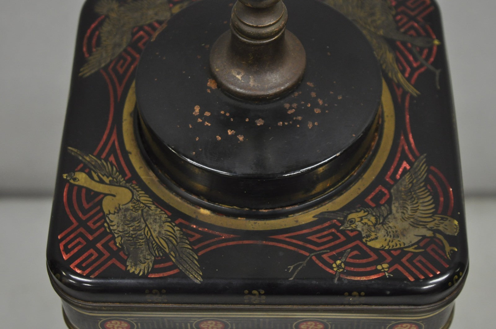 Vintage Chinoiserie English Tole Metal Tea Canister Chinese Painted Table Lamp