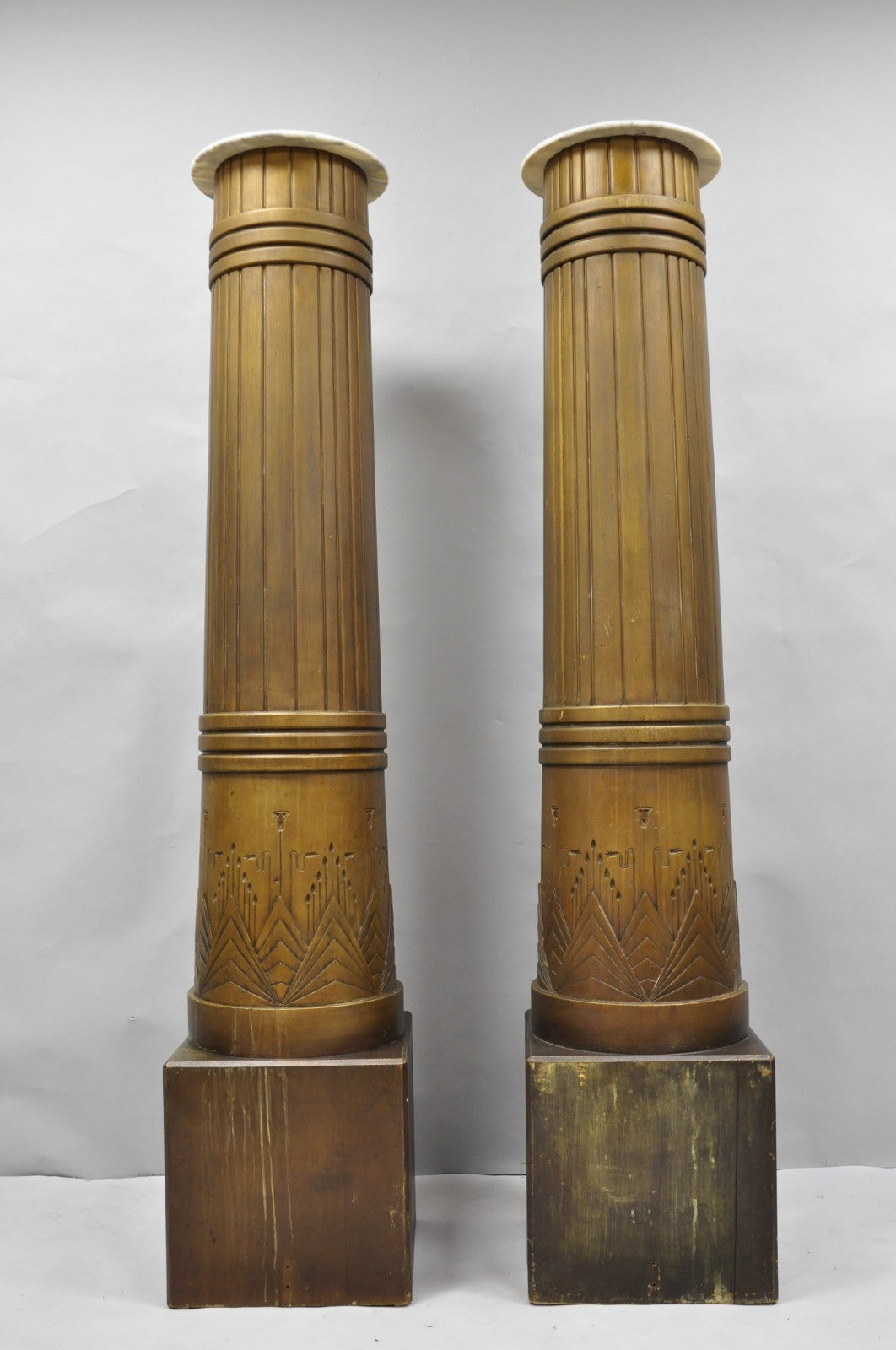 Antique Art Deco 75" Tall Wooden Pedestal Column Geometric Chevron Carved - Pair