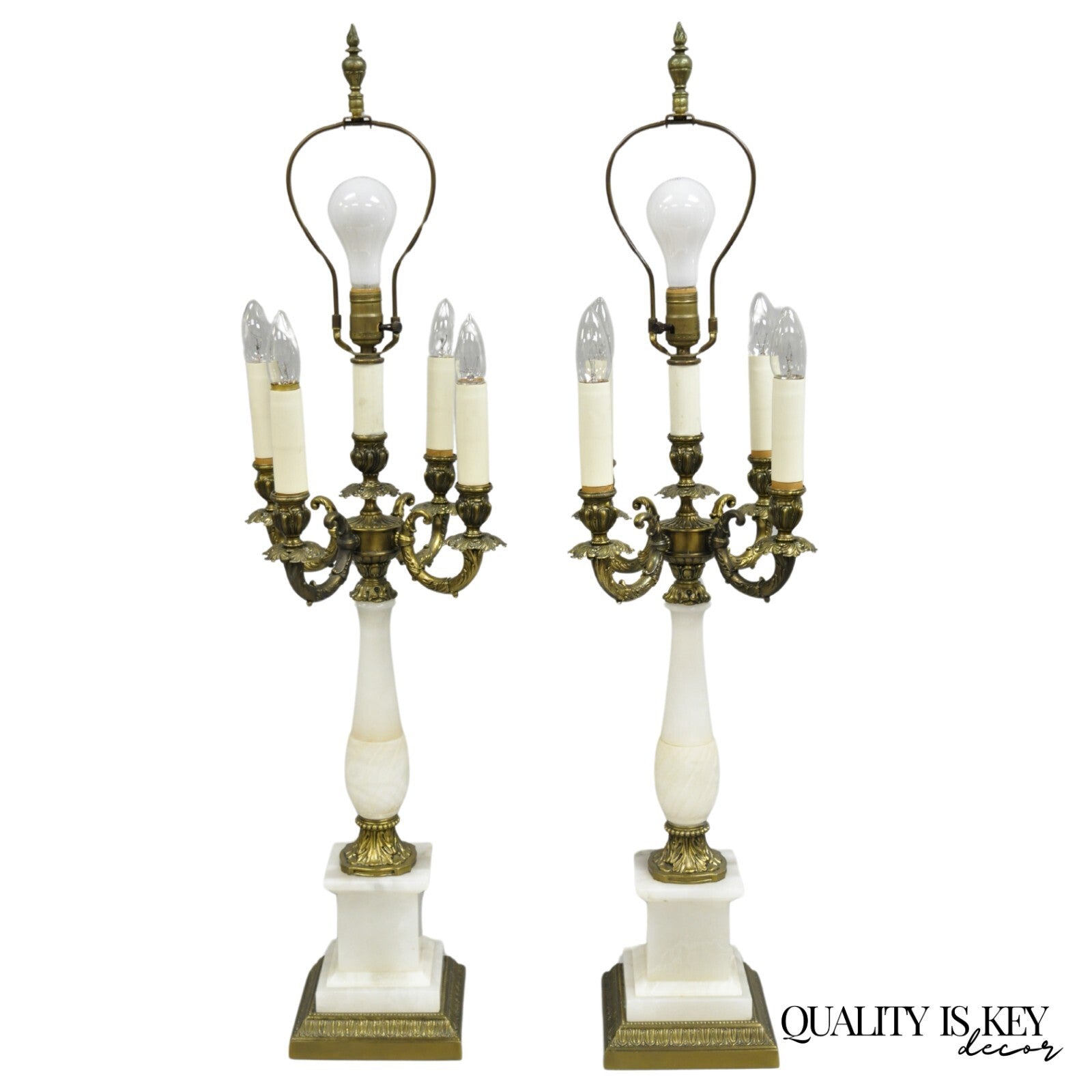 Vintage French Empire Alabaster Column Brass Metal Candelabra Table Lamps - Pair