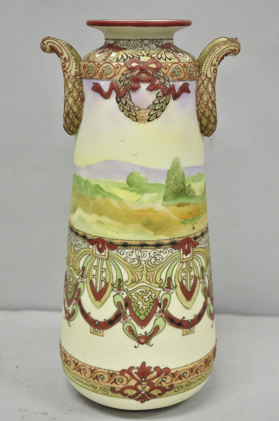 Antique Nippon Hand Painted Porcelain Countryside Moriage Tall Twin Handle Vase