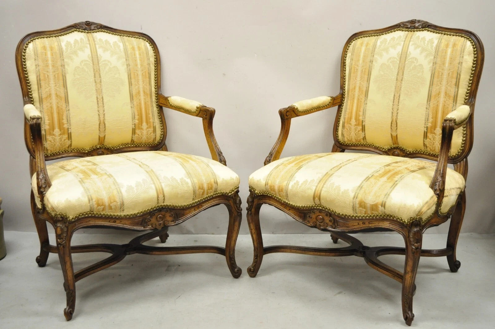 Vintage French Country Louis XV Style Carved Walnut Lounge Arm Chairs - a Pair