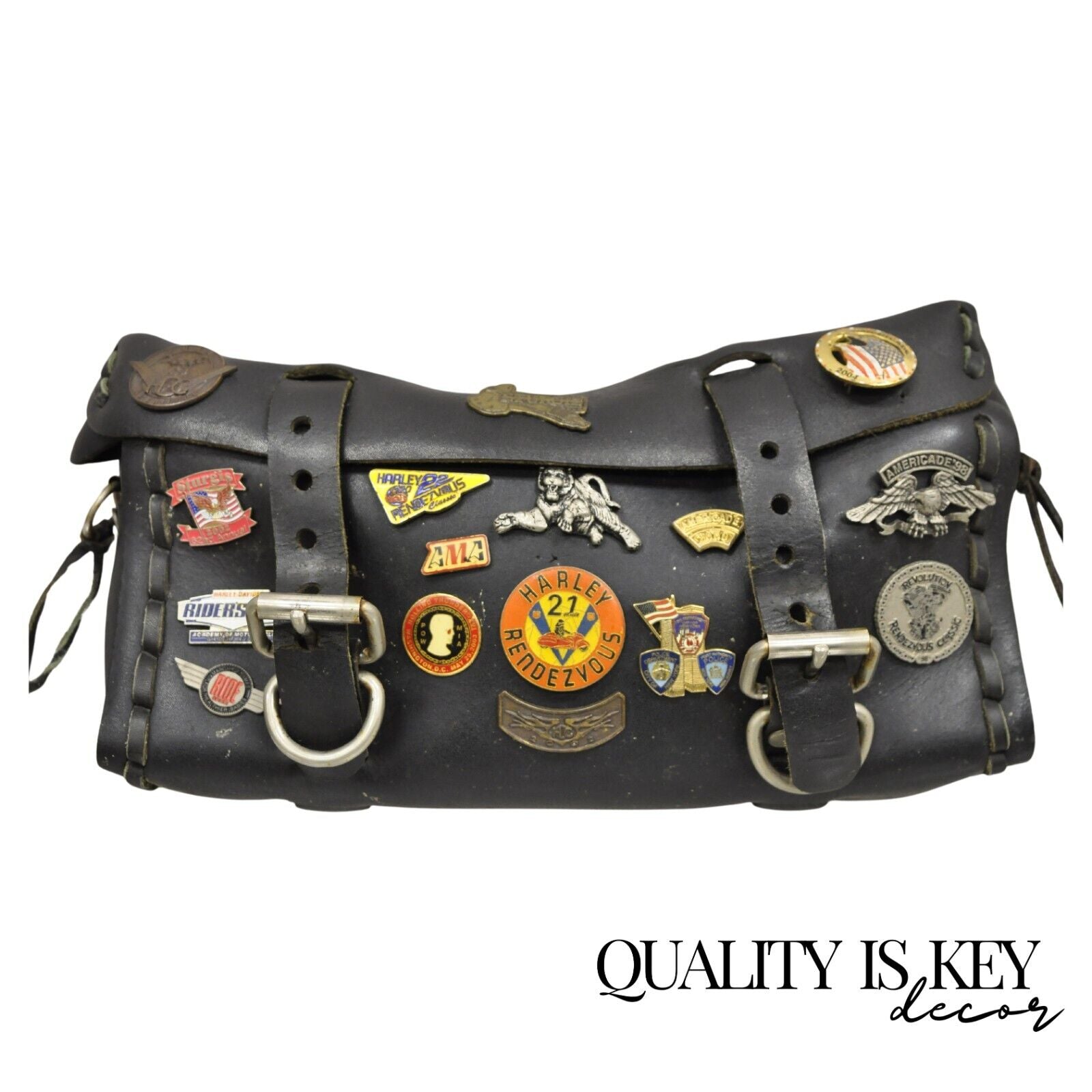 Vintage Black Leather Front Fork Saddle Tool Bag with Harley Davison Biker Pins