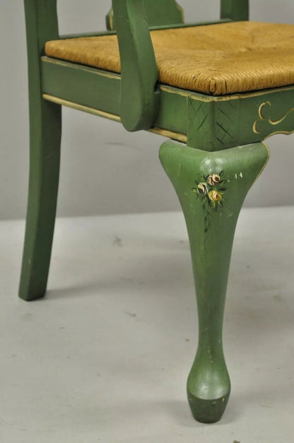 Vintage Queen Anne Style Green and Red Painted Rush Seat Arm Chairs - a Pair