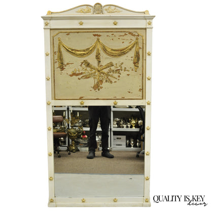 Antique Italian Neoclassical White Distress Painted Gold Gilt 72" Trumeau Mirror