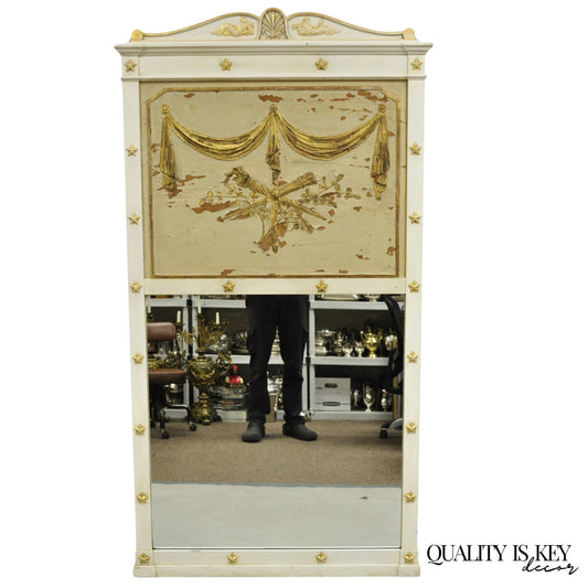 Antique Italian Neoclassical White Distress Painted Gold Gilt 72" Trumeau Mirror