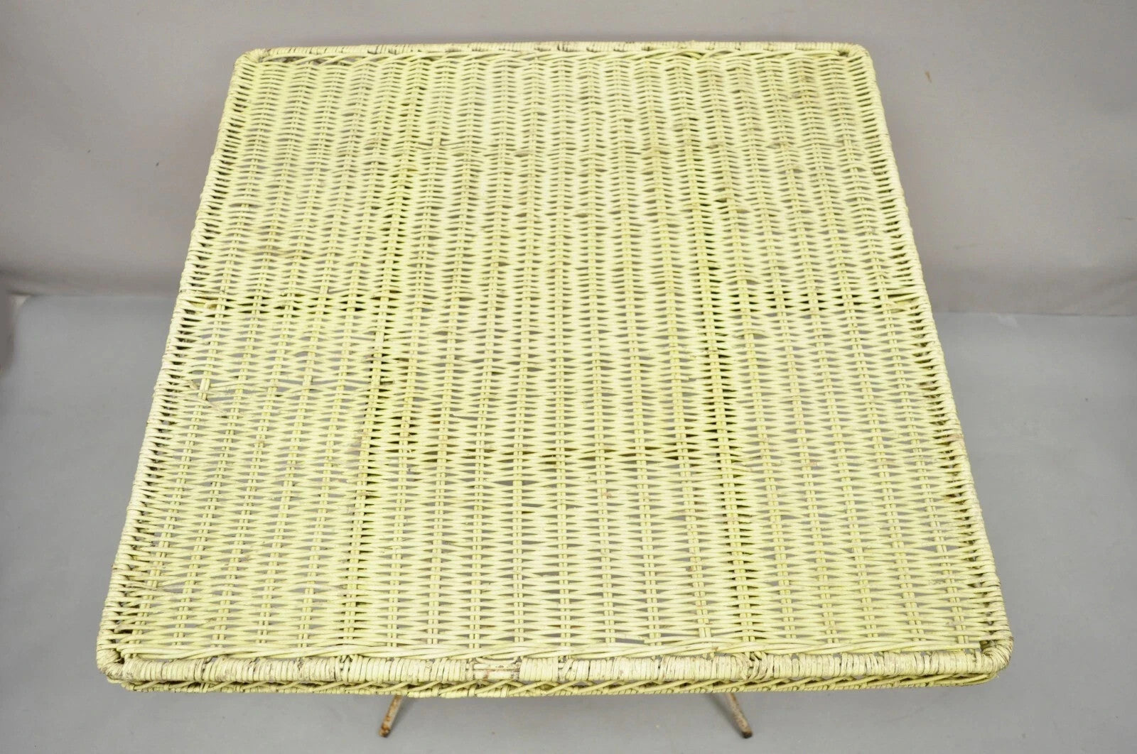 Vintage Victorian Style Wrought Iron Wicker Rattan Top Folding Card Game Table