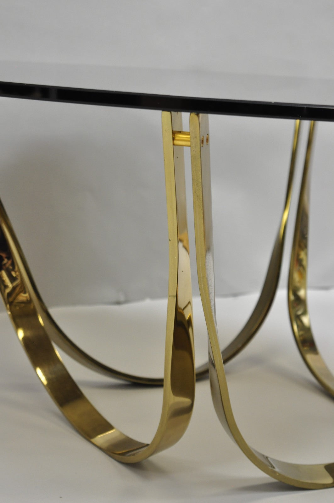Tri-Mark Mid Century Modern Brass Plated Steel Smoked Glass Arch Coffee Table