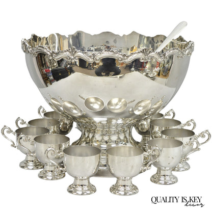 Vintage Large Silver Plated Pedestal Punch Bowl Set w/ 12 Cups - 14 Pc Set