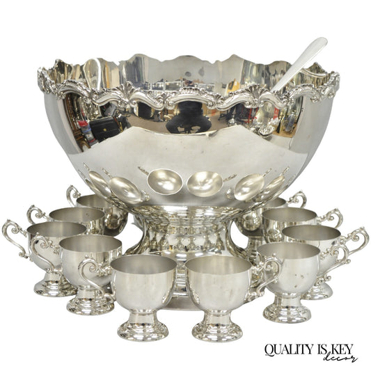 Vintage Large Silver Plated Pedestal Punch Bowl Set w/ 12 Cups - 14 Pc Set