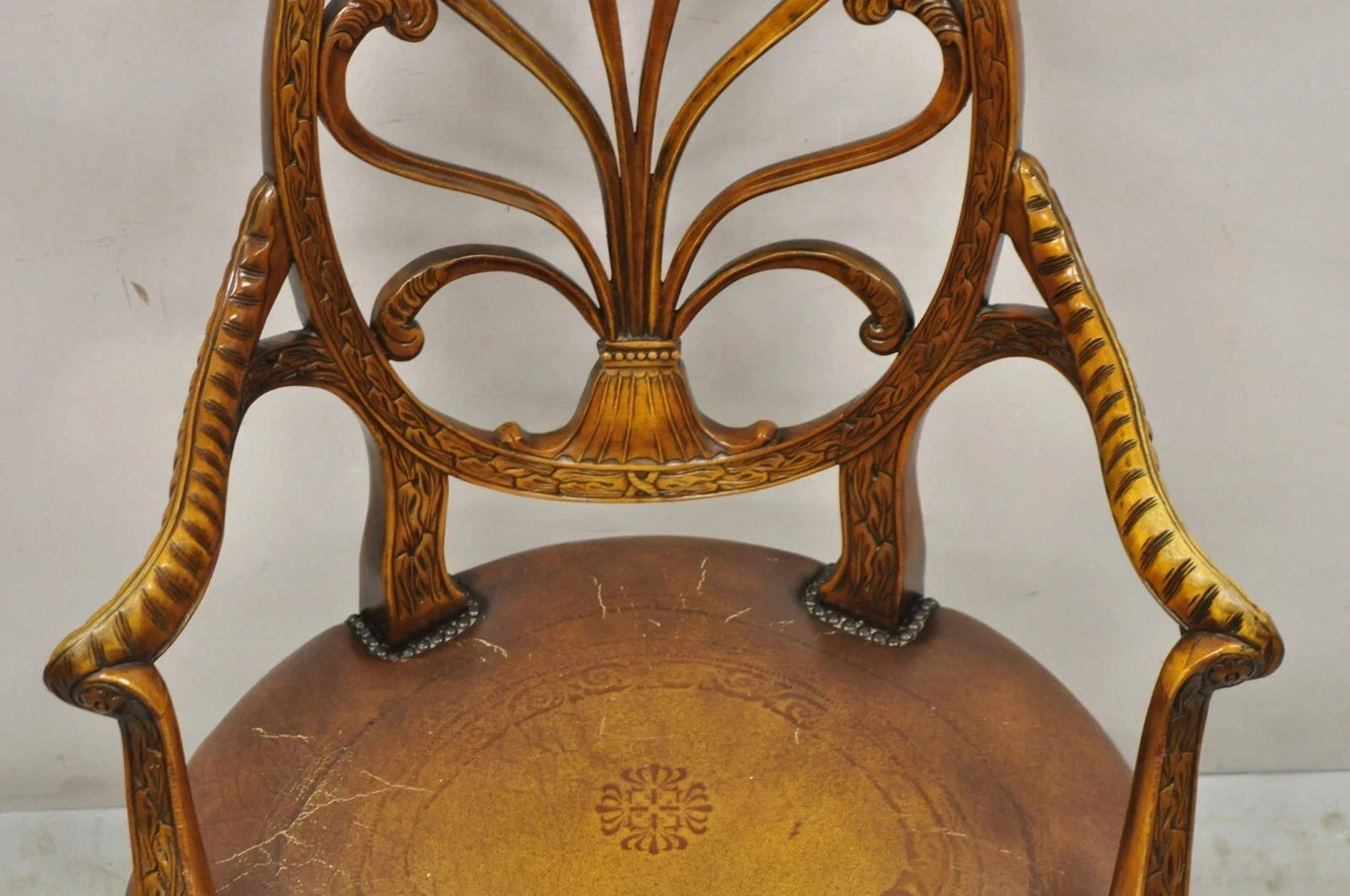 Theodore Alexander Neoclassical Regency Style Carved Mahogany Leather Arm Chair