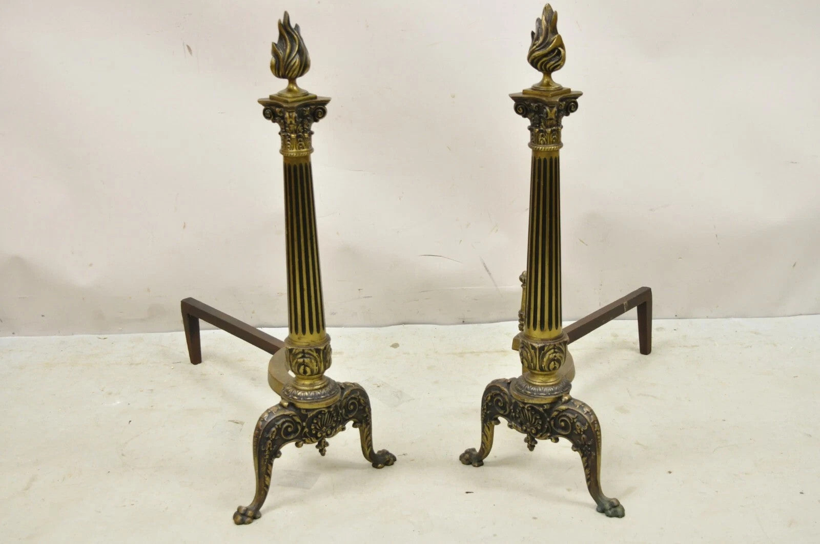Antique French Empire Style Bronze Column Flame Finial Fireplace Andirons - Pair