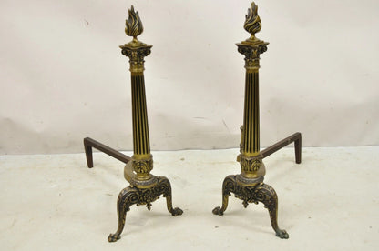 Antique French Empire Style Bronze Column Flame Finial Fireplace Andirons - Pair