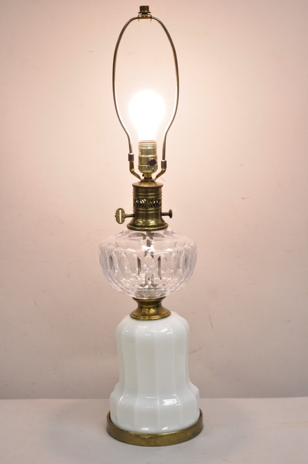 Antique Victorian Coin Dot Crystal Glass & Milk Glass Lantern Table Lamp