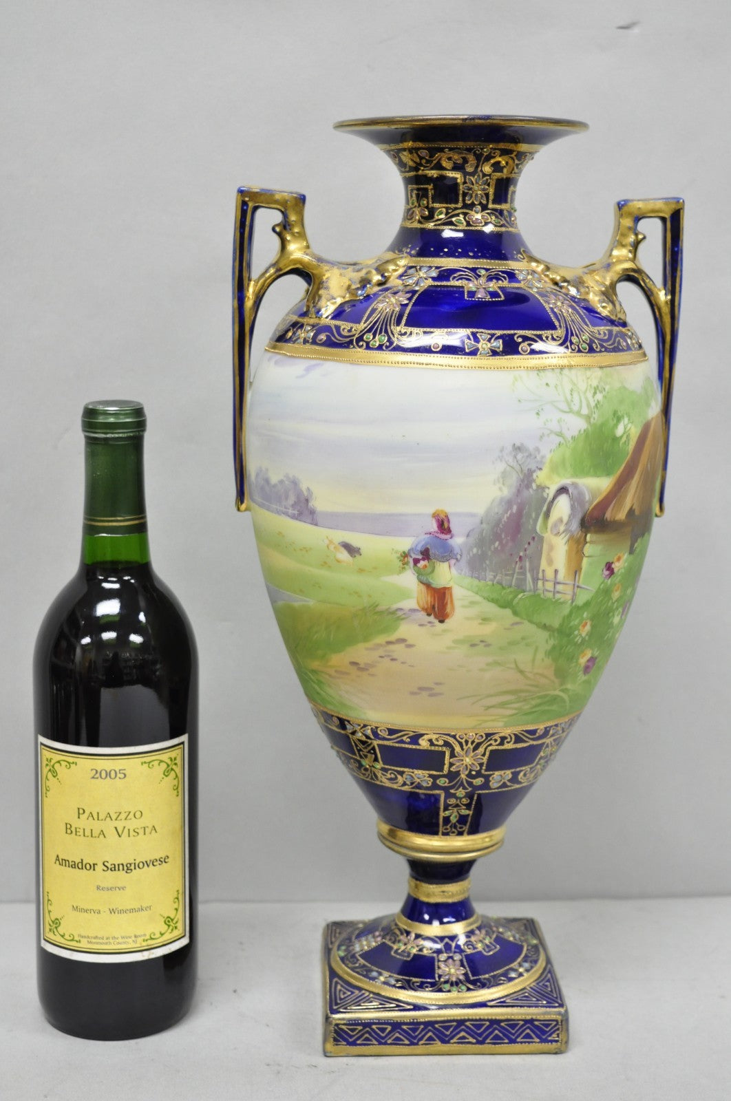 Antique Nippon Hand Painted Cobalt Blue Porcelain Twin Handle Bolted Urn Vase
