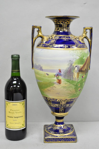 Antique Nippon Hand Painted Cobalt Blue Porcelain Twin Handle Bolted Urn Vase