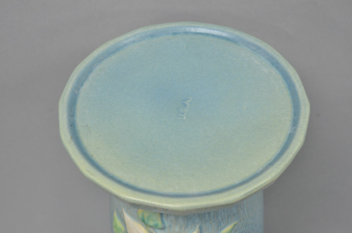 Vintage Roseville USA Blue Clematis Flower Art Pottery Jardiniere Pedestal Base