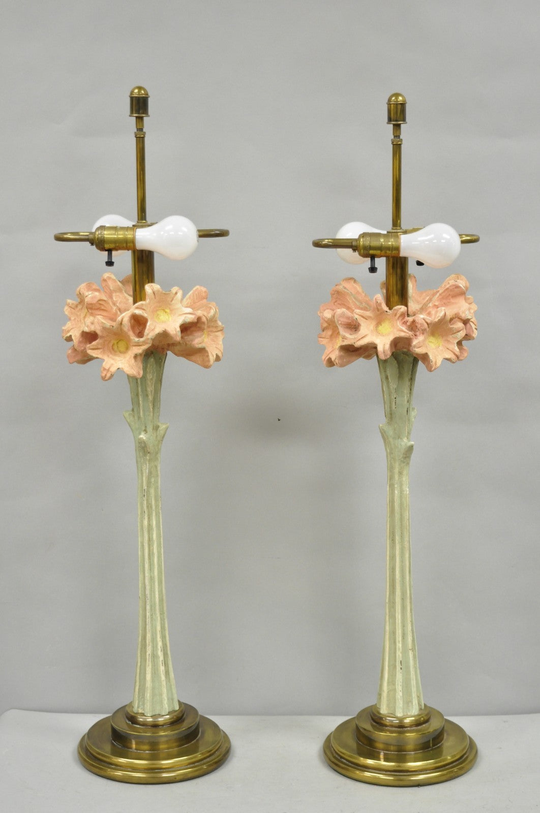 Vintage Hollywood Regency Pink Lily Flower Bouquet Tall Table Lamps by Hart Pair