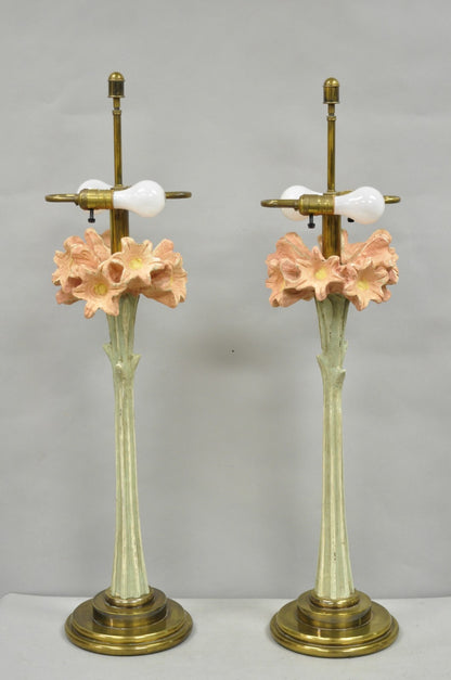 Vintage Hollywood Regency Pink Lily Flower Bouquet Tall Table Lamps by Hart Pair